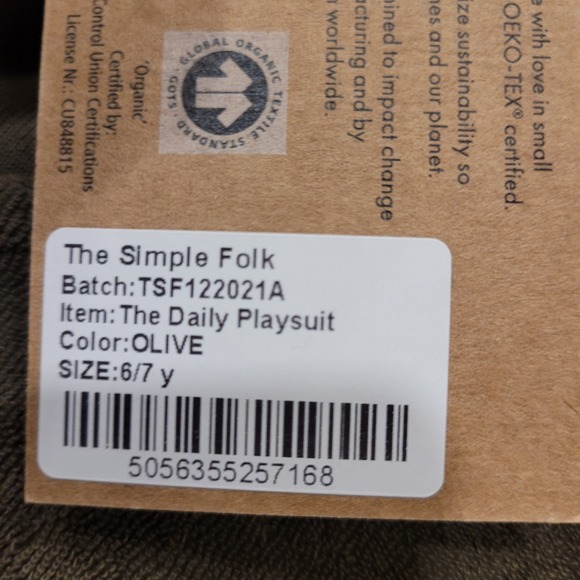 The Simple Folk Olive The Daily Playsuit Romper Kids Size 6-7 Years GOTS OEKO TE - Picture 4 of 8